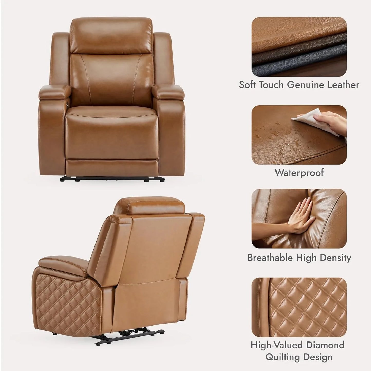 HUANZHUANG Genuine Leather Power Recliner With Power Headrest