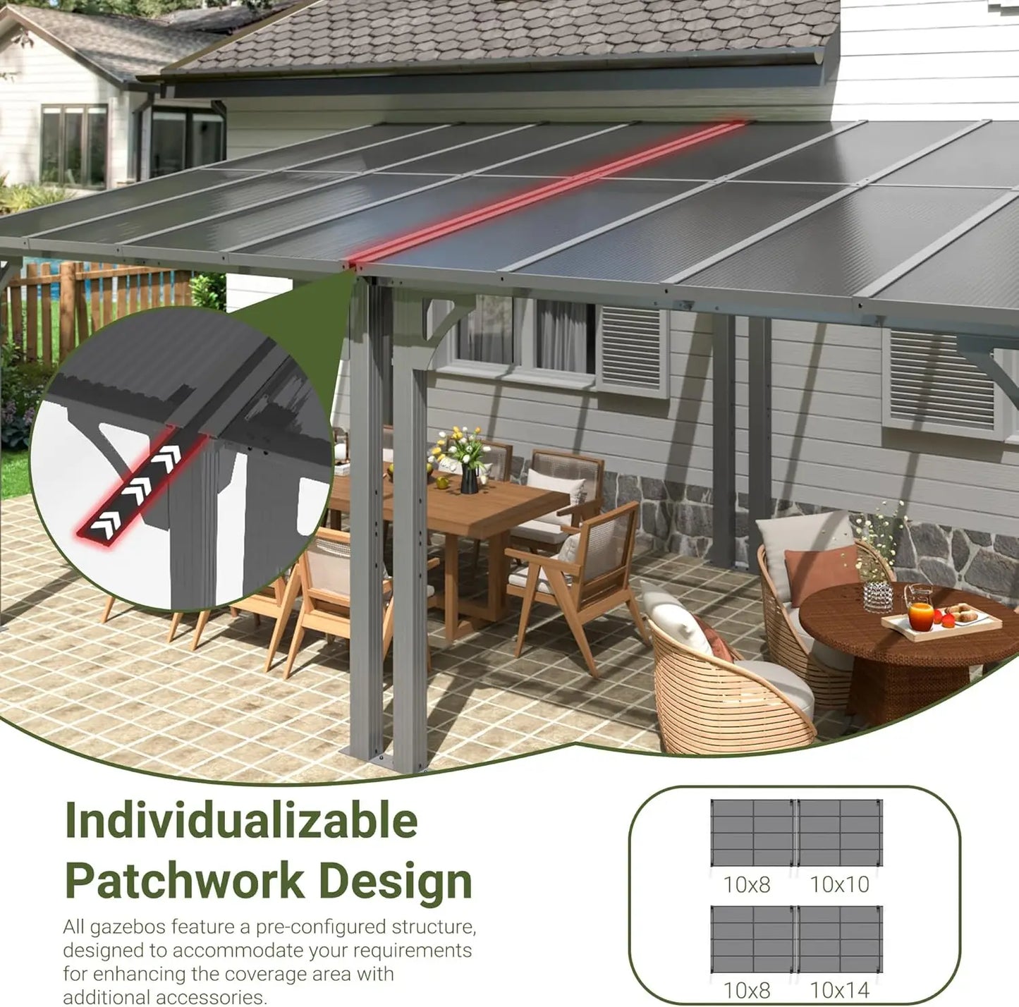 10x14 FT Gazebo Splicable Pergola with Aluminum Frame Wall Mounted Gazebo and Pergola Awnings for Patio Clearance