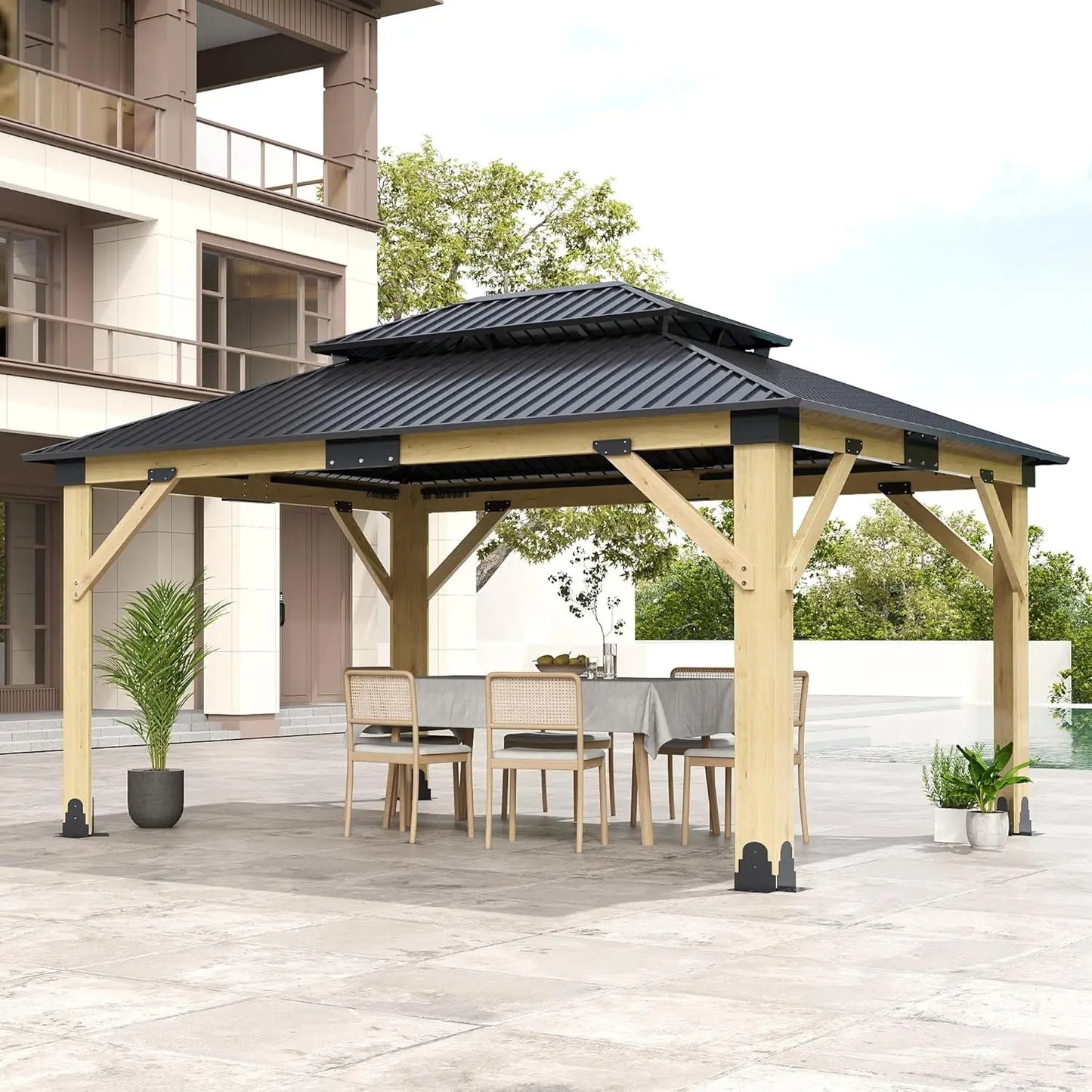 High-Concerned Outdoor Wood Gazebo Aluminum Roof Hardtop