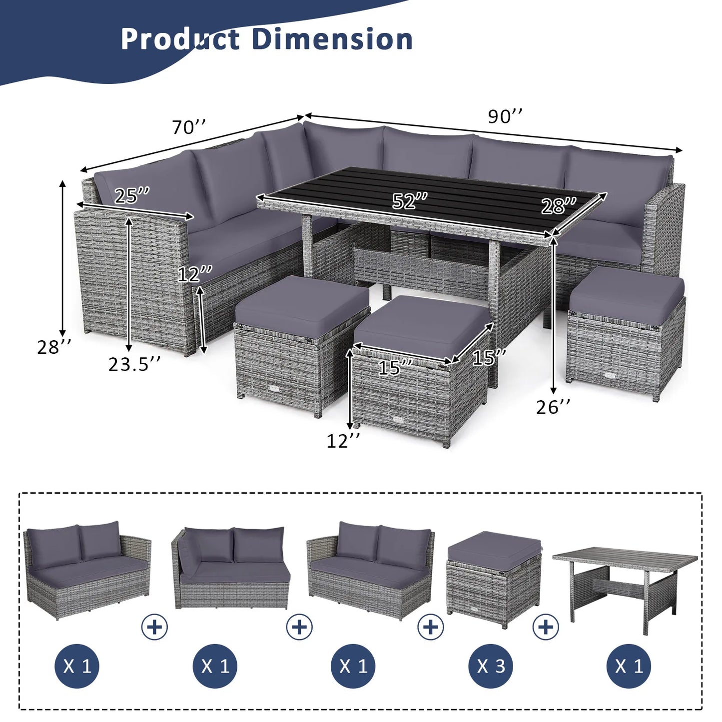 Homasis 7 Piece Patio Rattan Dining Set With Sectional Sofa