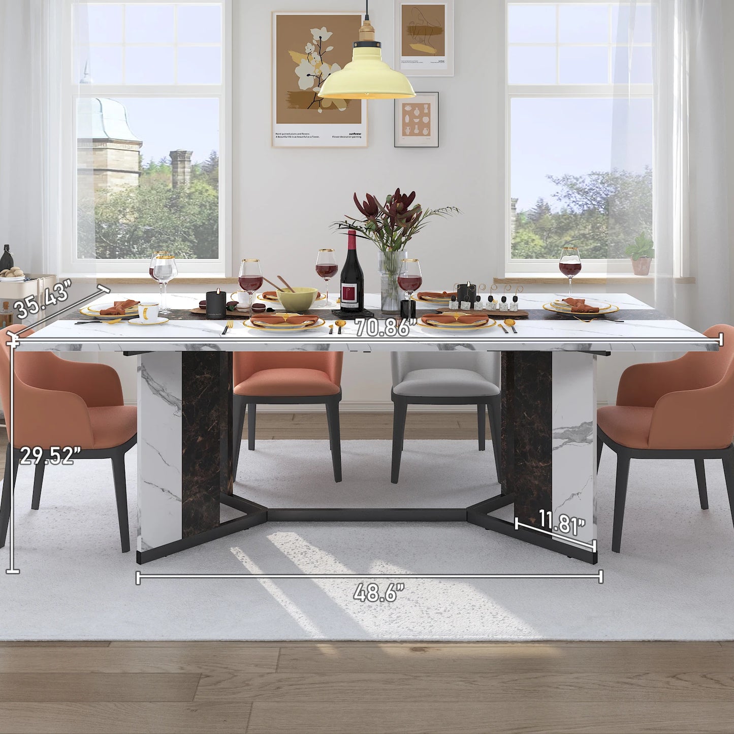 71 Inch Large Rectangular White Dining Table for 4 to 10 People Modern Family Dinner Table with Marble Color Wood Top and Metal Legs