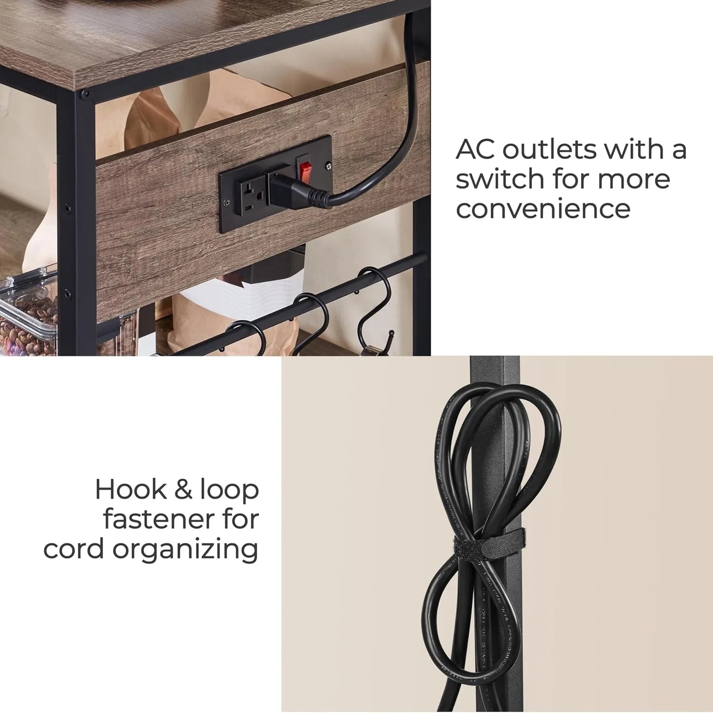 Versatile Kitchen Island Cart with Power Outlet and Hooks