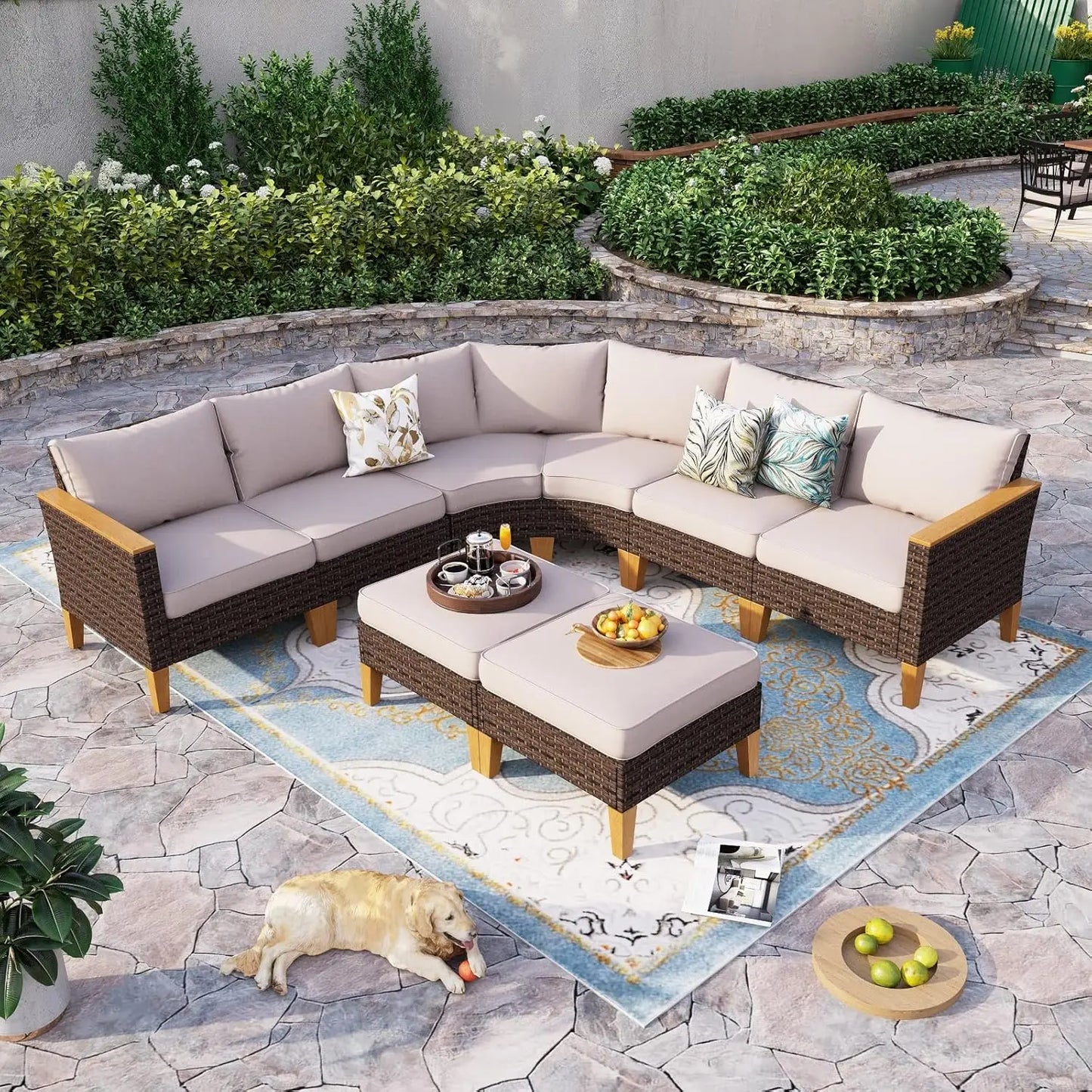 12 Piece Curved Outdoor Sectional Sofa Set Rattan Patio Conversation Set Beige
