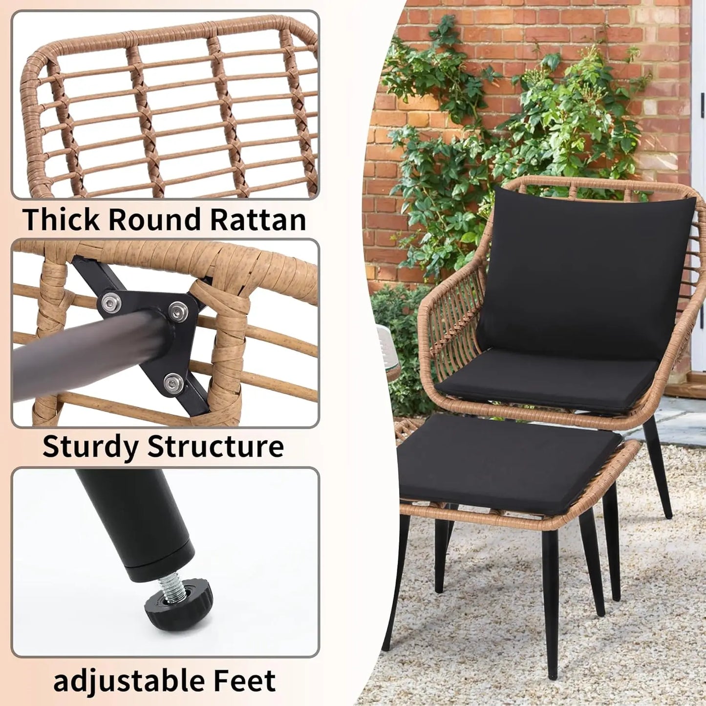 5 Piece Wicker Bistro Patio Conversation Furniture Set with 2 Chairs 2 Ottomans and Side Table for Porch and Balcony