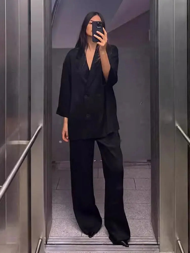 Casual Double Breasted Blazer And Wide Leg Trousers Set