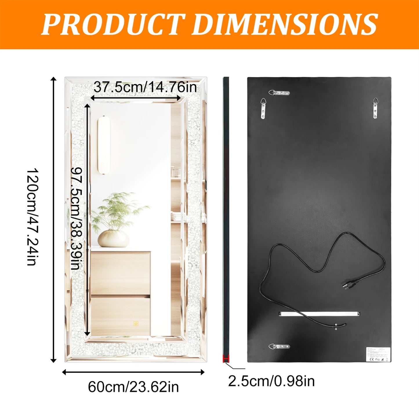 120x60cm LED Full Length Mirror with 7 Colors RGB Lights and Crushed Diamond Design for Living Room and Bedroom