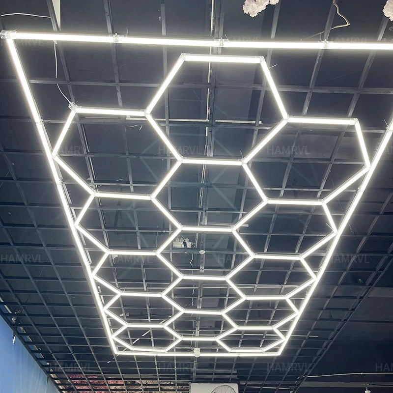 Garage Lights Hexagon Lamp 110-240V LED Tube Honeycomb Ceiling Lighting for Workshop Car Showroom Auto Body Repair Gym