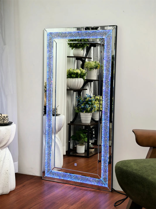120x60cm LED Full Length Mirror with 7 Colors RGB Lights and Crushed Diamond Design for Living Room and Bedroom