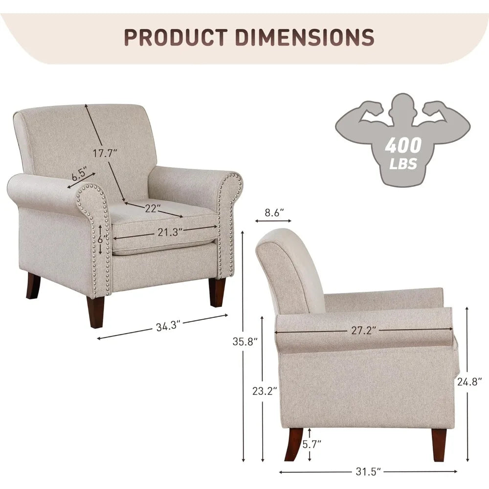 Comfy Upholstered Living Room Chair with Rolled Armrest