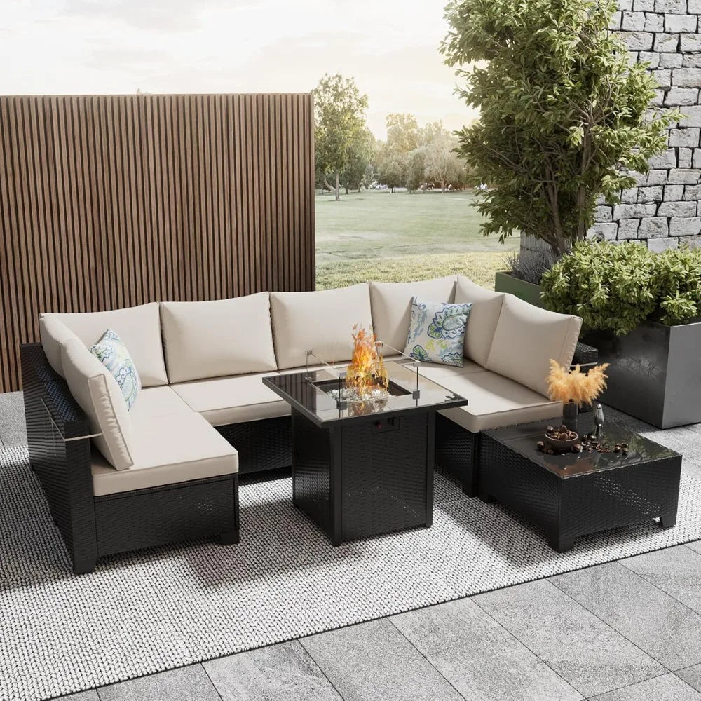 8 Pieces Outdoor Sectional Furniture Rattan Wicker Patio Sofa Couch with 28 Inch Gas Fire Pit Table Conversation Set for Backyard