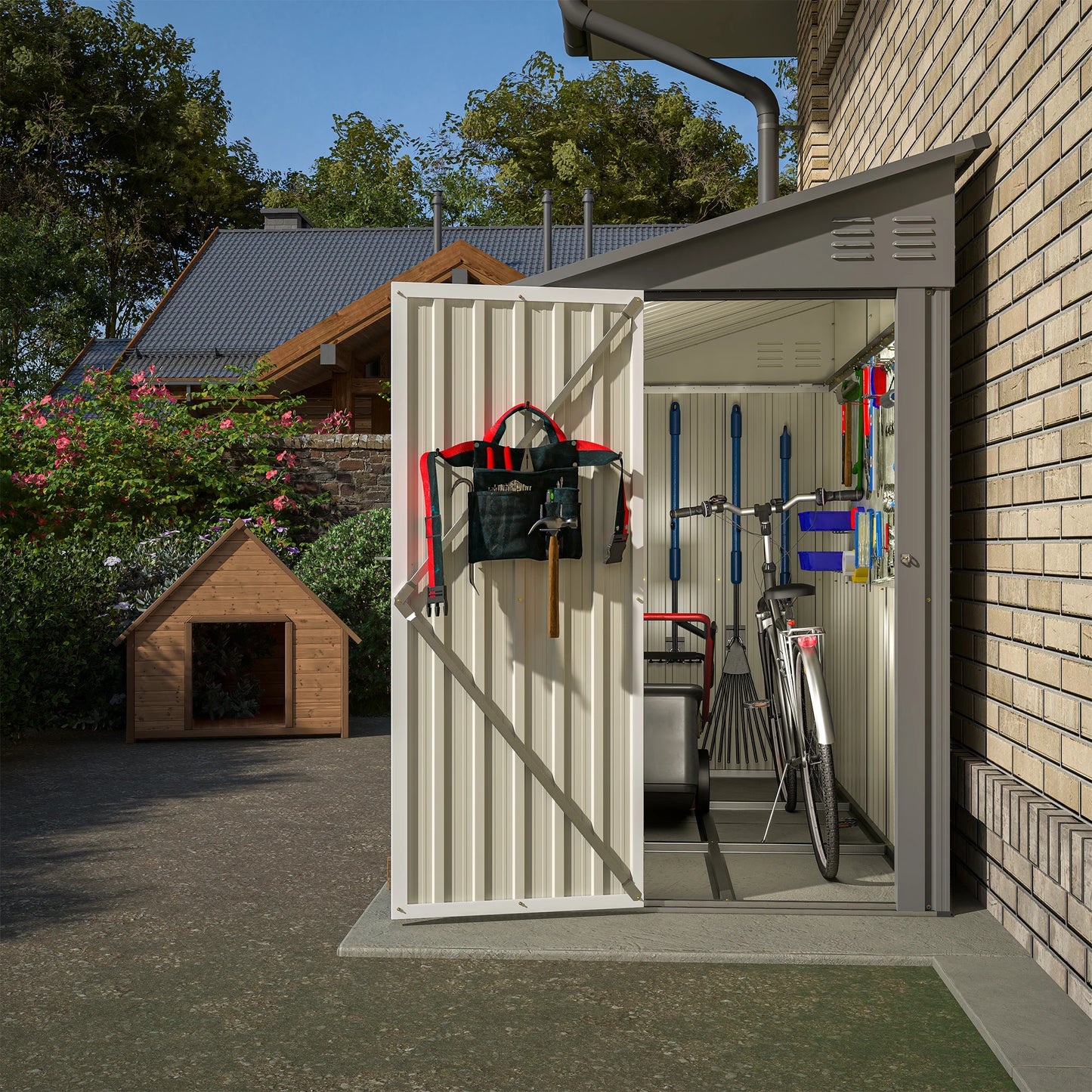 LZBEITEM 4 Foot x 8 Foot Metal Side Storage Shed Outdoor Garden Cabinet Grey