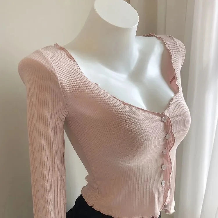 JOEVILUCN Slim Knit Shirt Crop Top Cardigan V Neck Ladies