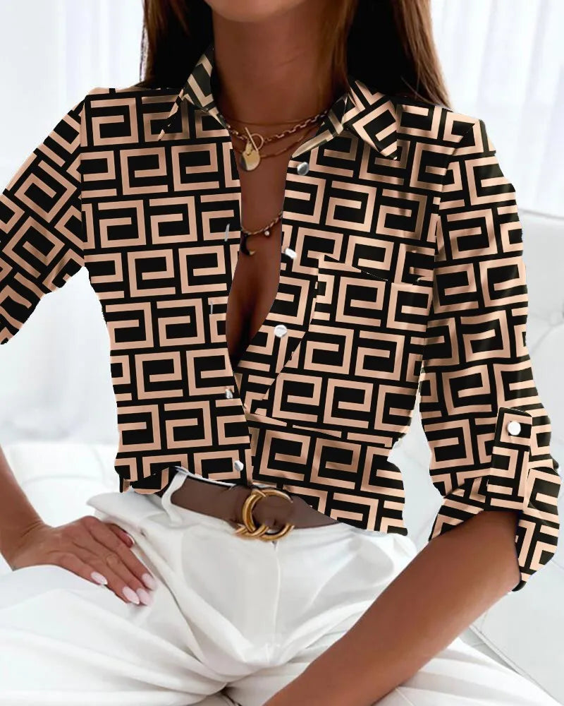HEYTOAICN Casual Long Sleeve Lapel Slim Blouse Women Office