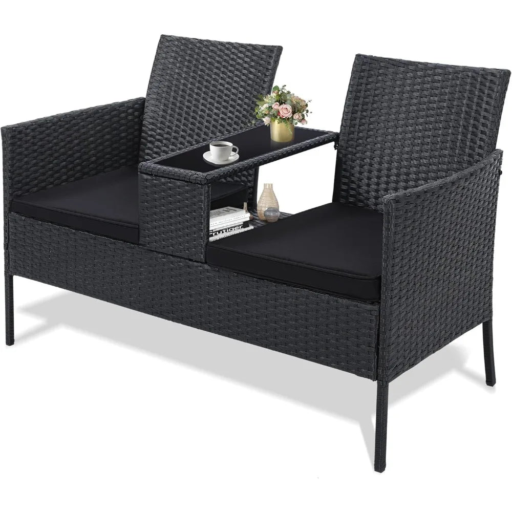 2 Seat Patio Conversation Set Outdoor Rattan Loveseat with Table Washable Cushion Covers Garden Furniture Sets