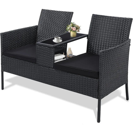 2 Seat Patio Conversation Set Outdoor Rattan Loveseat with Table Washable Cushion Covers Garden Furniture Sets