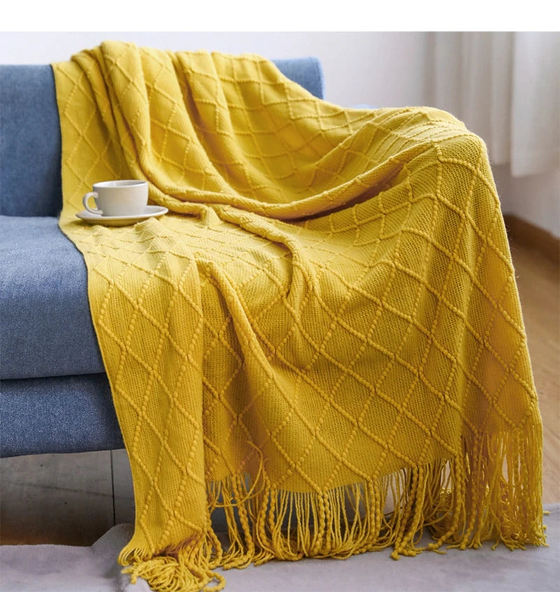 Nordic Textured Knitted Blanket Blue Throw Blanket with Tassels for Sofa and Bed Decor