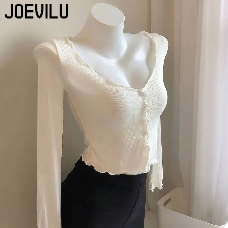 JOEVILUCN Slim Knit Shirt Crop Top Cardigan V Neck Ladies