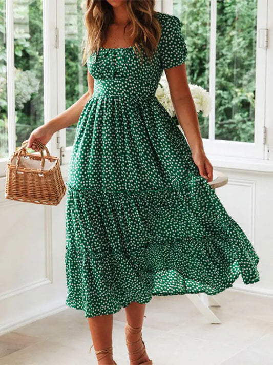 Vintage Floral Puff Sleeve Maxi Dress for Summer Beach Days