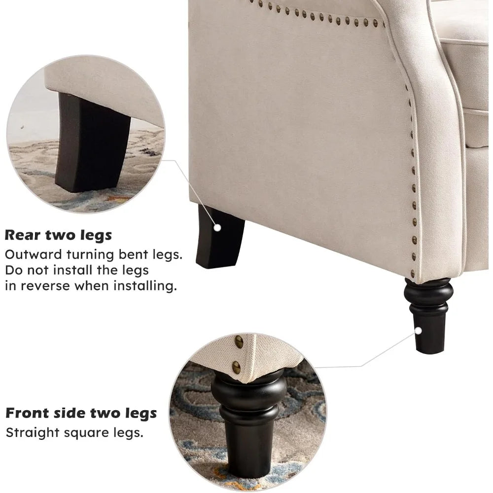 Push Back Recliner Chair Fabric Wingback Armchair Rivet