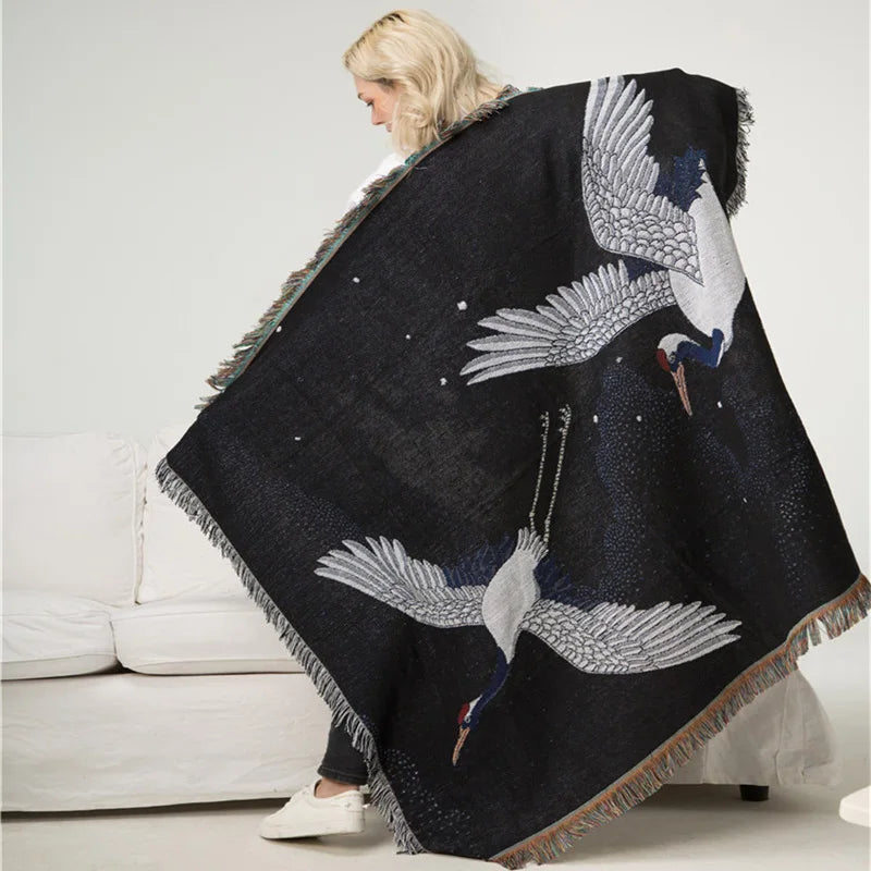 Textile City Ins Red Crowned Crane Retro Throw Blanket Ukiyo-e Auspicious Clouds Tapestry Heavy Quality Backrest Towel