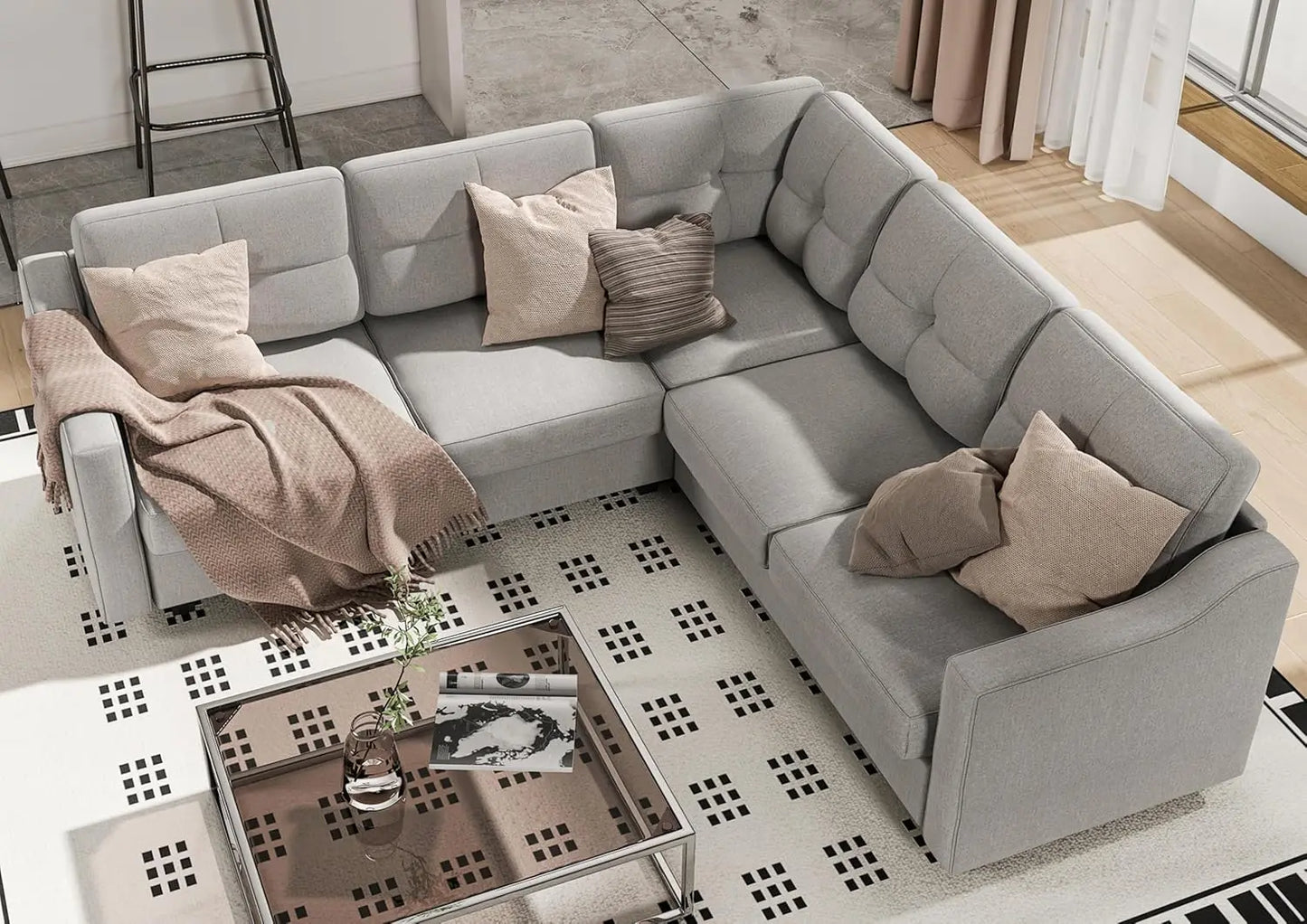 Huanzhuang Luxury Convertible Sectional Sofa Shaped 5 Seat