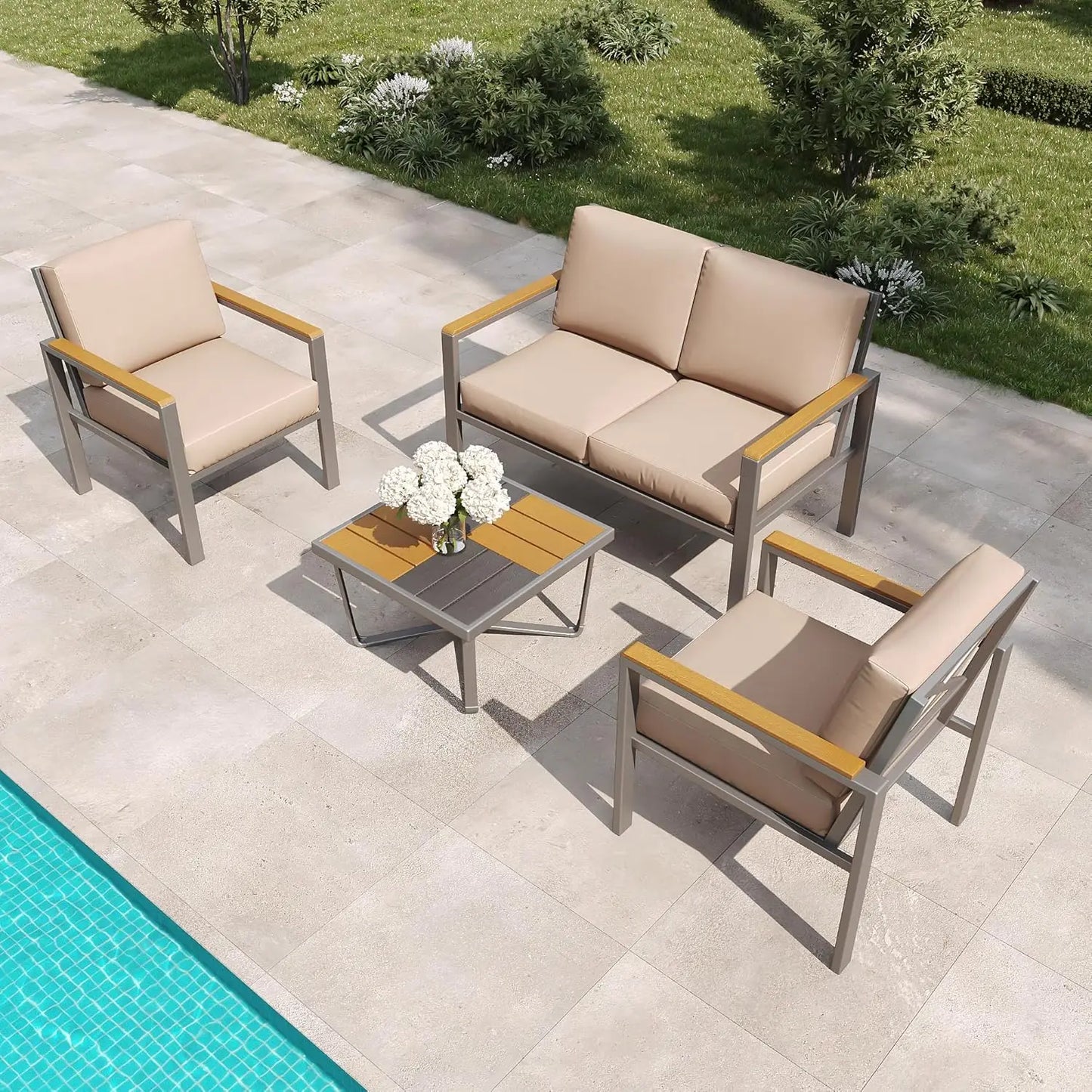 ANGDUO Patio Furniture Set With Fire Pit Table Outdoor Metal Sectional Cushions Wood Like Armrests