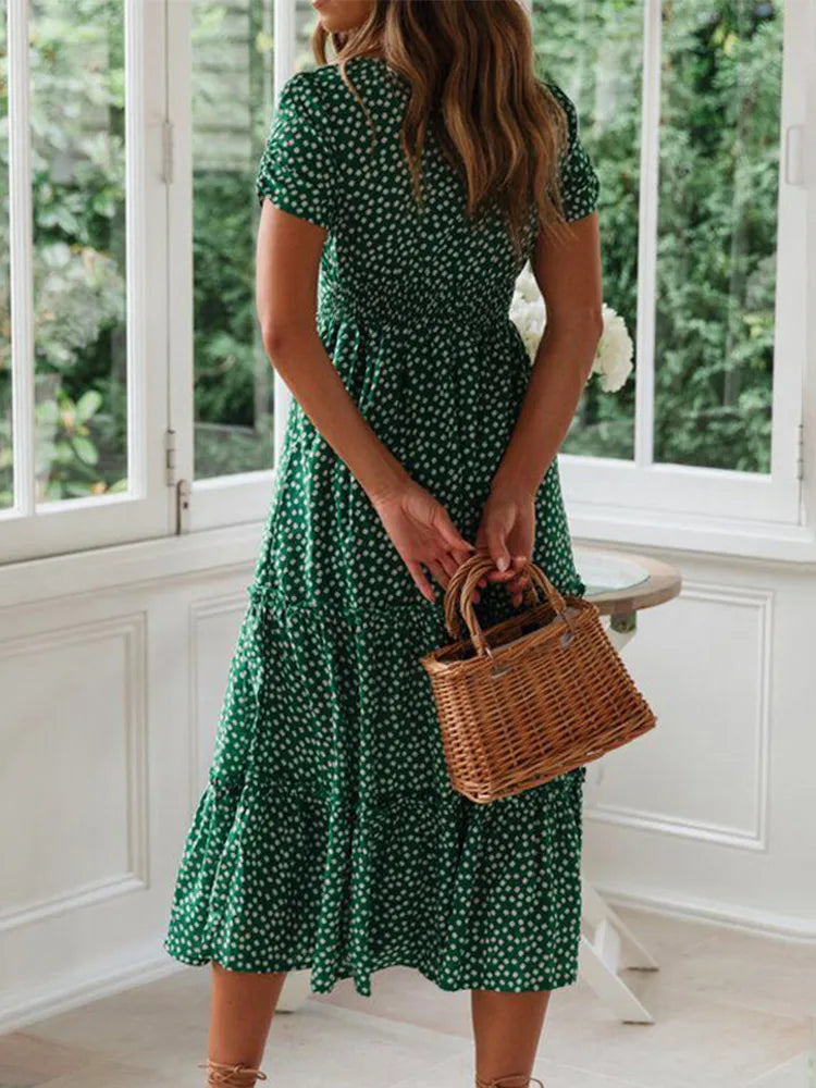 Vintage Floral Puff Sleeve Maxi Dress for Summer Beach Days