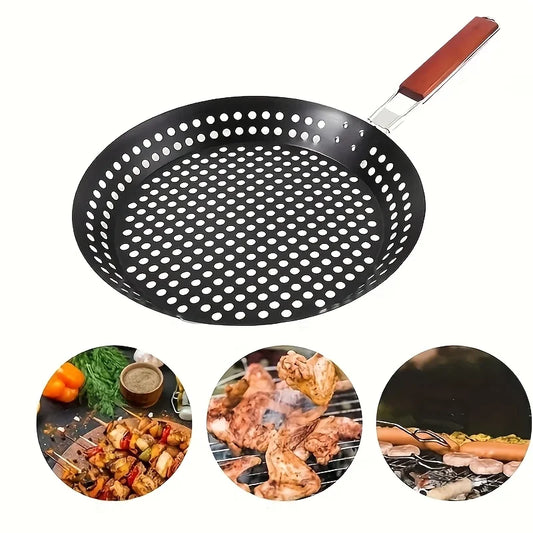 Round BBQ Grill Basket with Folding Handle for Outdoor Cooking