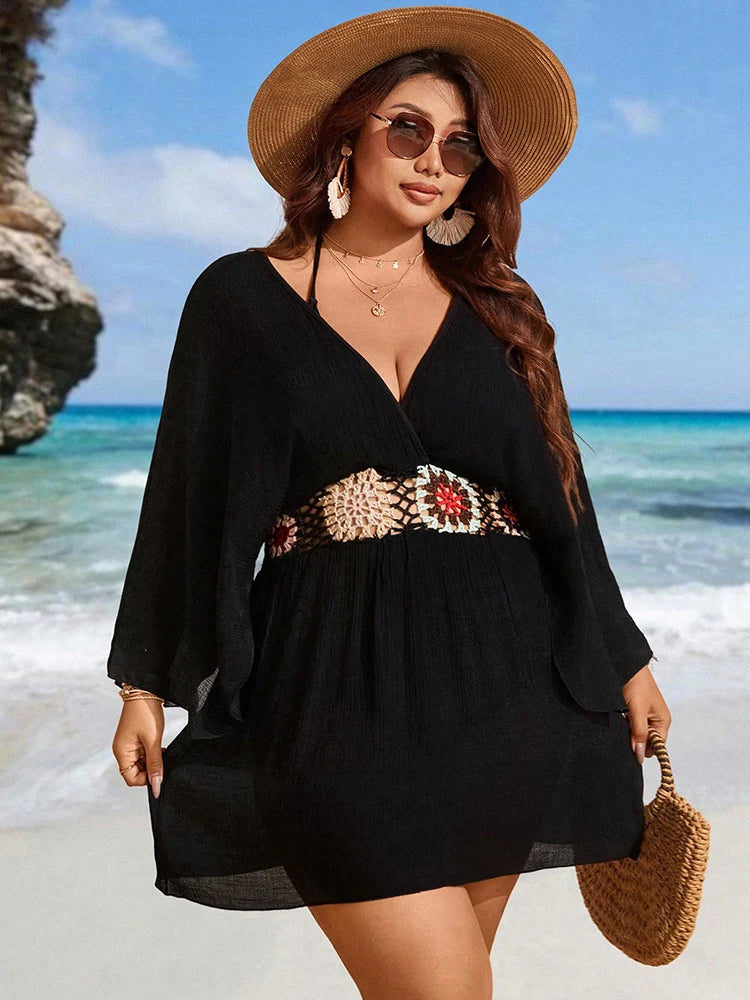 Bohemian Crochet Black Cover Up Mini Dress for Beachwear