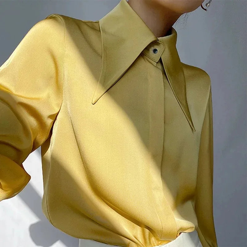 Sure Xiao Story Satin Silk Shirt Women Turn Down Collar