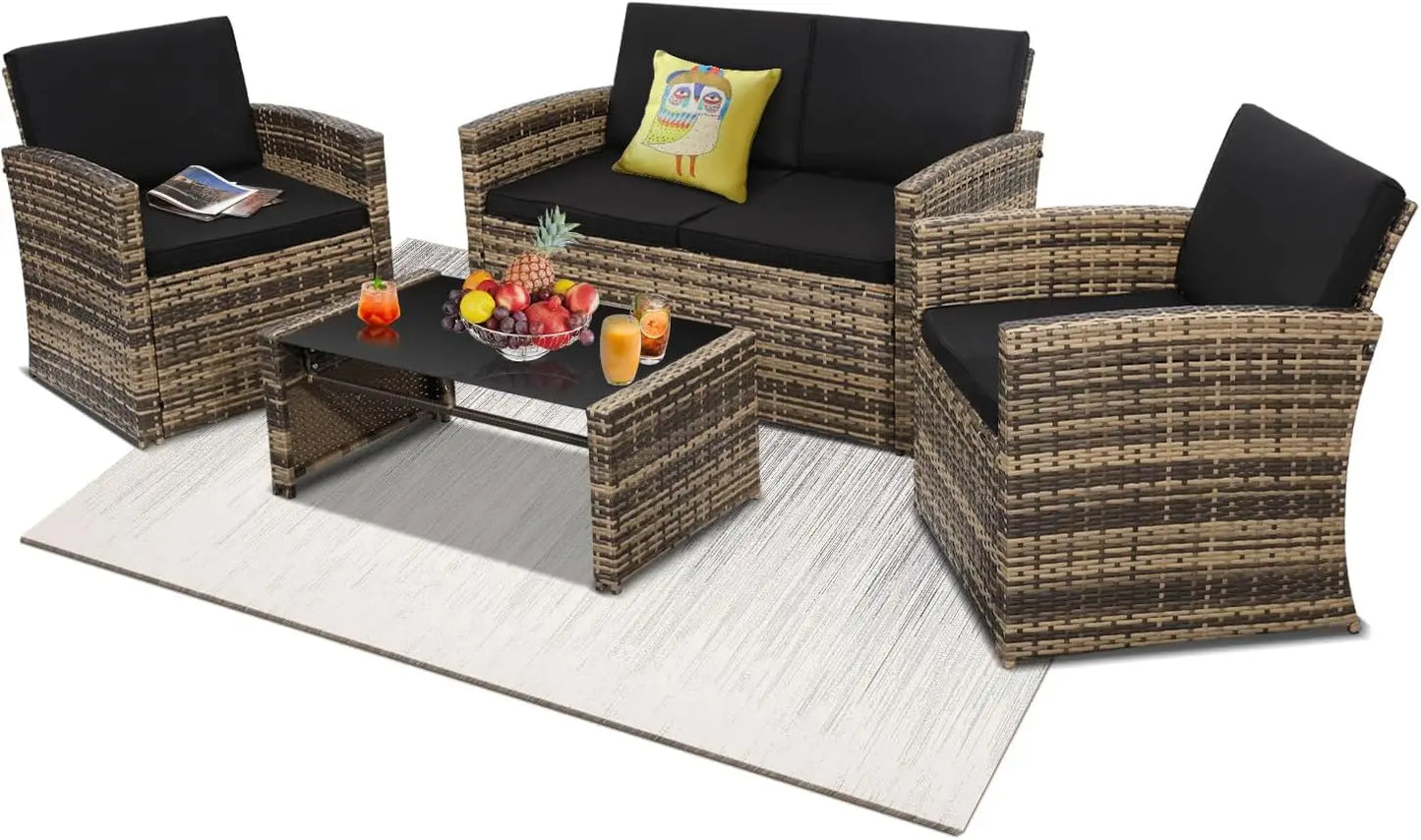 4 Piece Patio Conversation Set with Sofa Two Chairs and Coffee Table for Porch Deck Outdoor Wicker Sectional Furniture