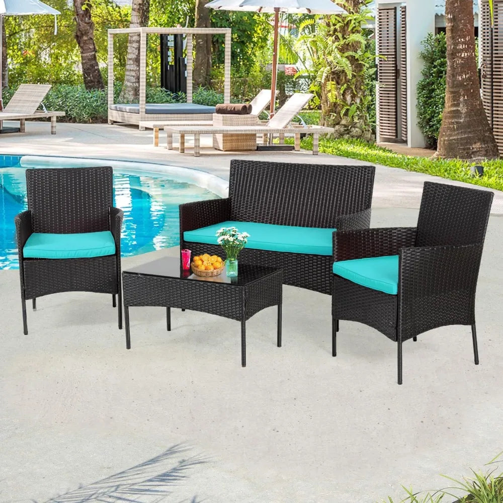 4 Piece Outdoor Wicker Patio Conversation Furniture Set with Coffee Table and Seat Cushions