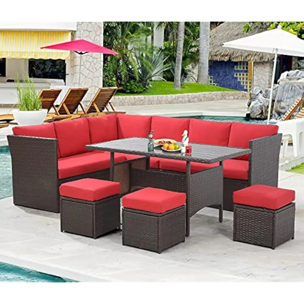 Outdoor Furniture 7 Piece Set with Dining Table and Chairs All Weather Wicker Set with Ottoman Garden Furniture Set