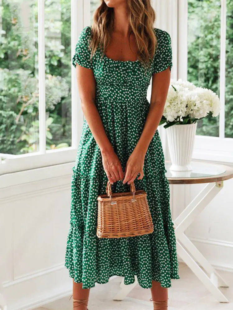 Vintage Floral Puff Sleeve Maxi Dress for Summer Beach Days