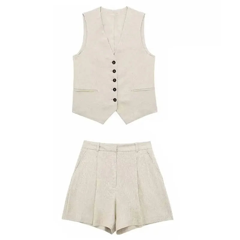 TRAFZA Women Casual Vintage Pant Suit Vest Shorts Set