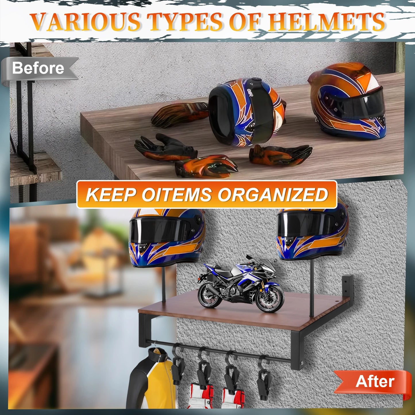 Wooden Motorcycle Helmet Holder with Five Hooks Storage Rack