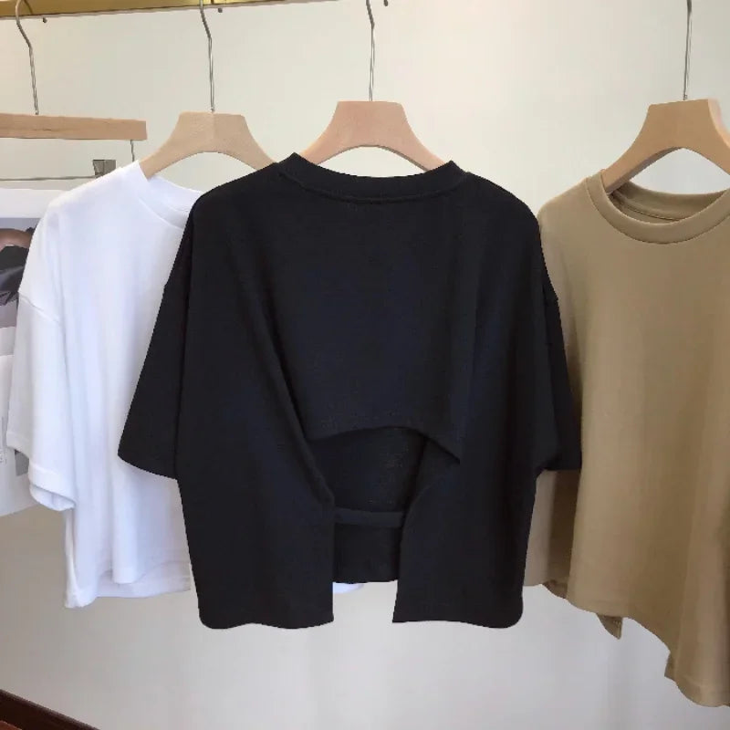 Casual Backless T-Shirt for Women Summer Loose Crop Top