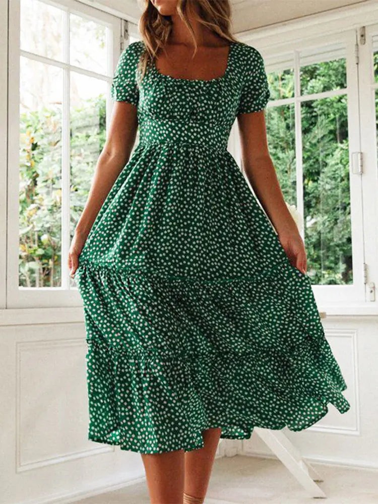 Vintage Floral Puff Sleeve Maxi Dress for Summer Beach Days