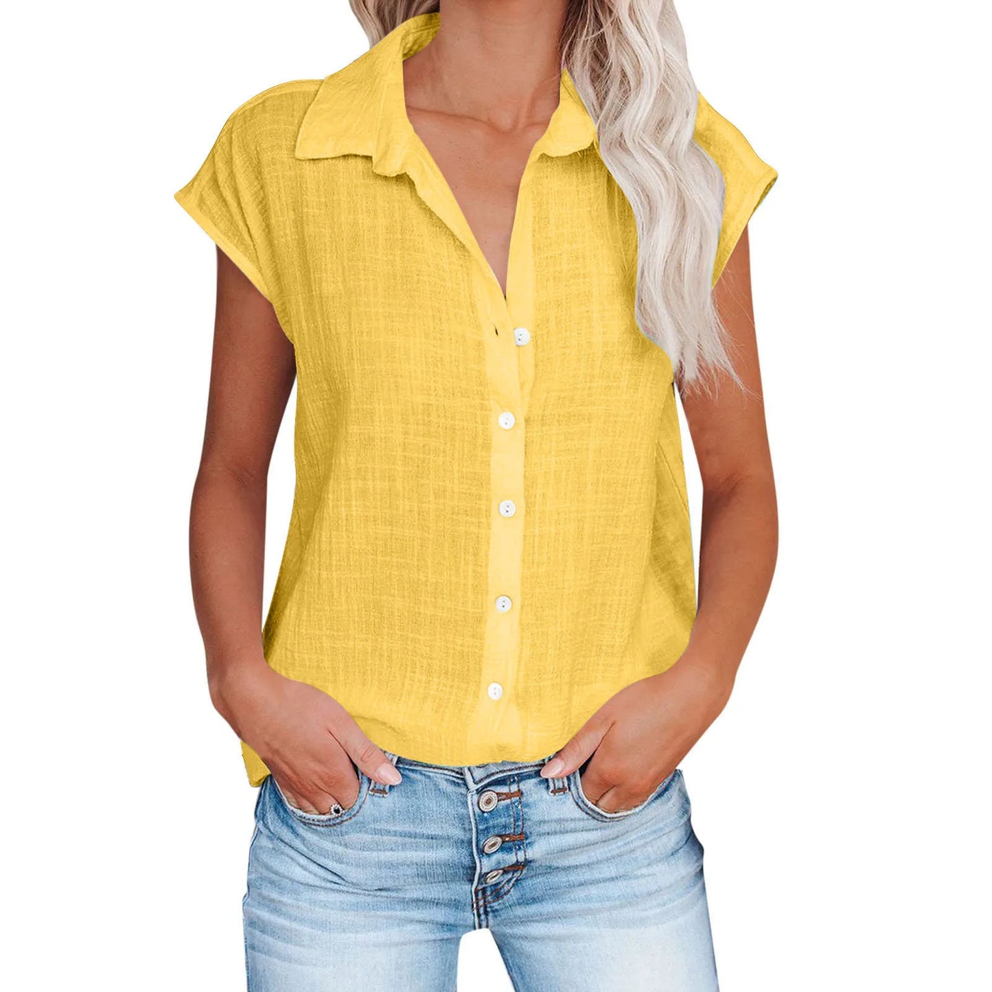 Hallolilla Cotton Linen Shirt Women Short Sleeve Top