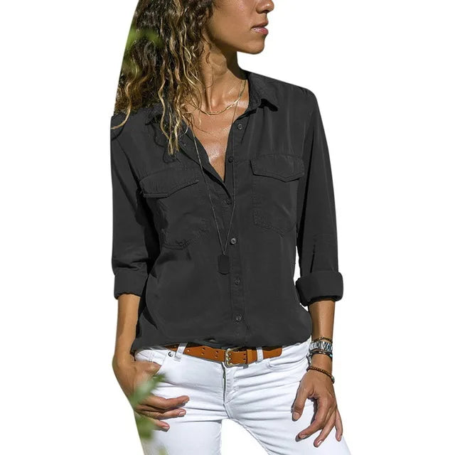 CYWANGCANCANCN Womens V Neck Long Sleeve Shirt With Pockets