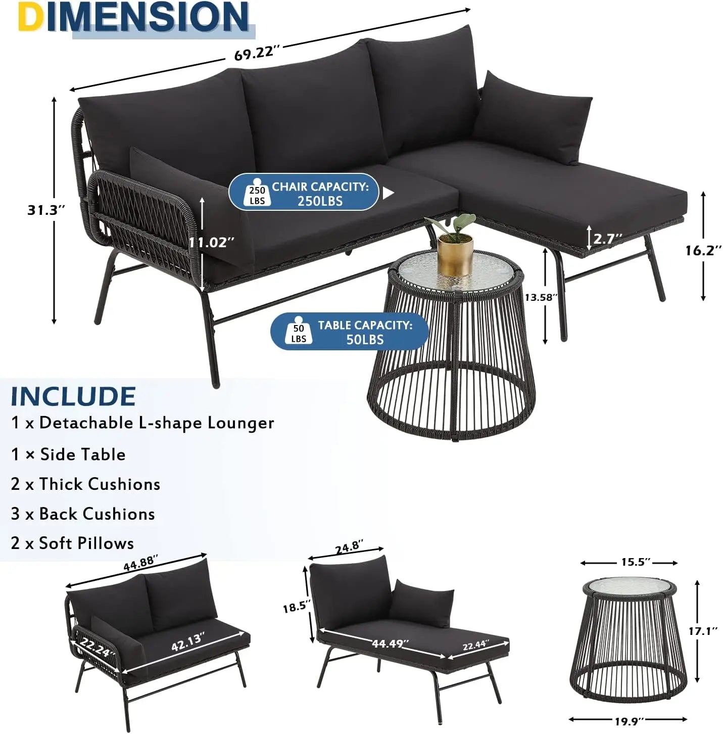 L-Shaped Outdoor Patio Conversation Set with Thick Cushions
