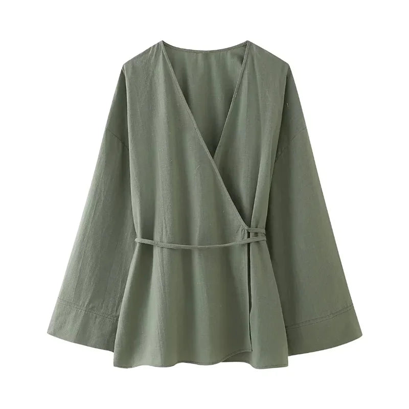 MUJER Kimono Blouse Women Long Sleeve Tie Front Elegant