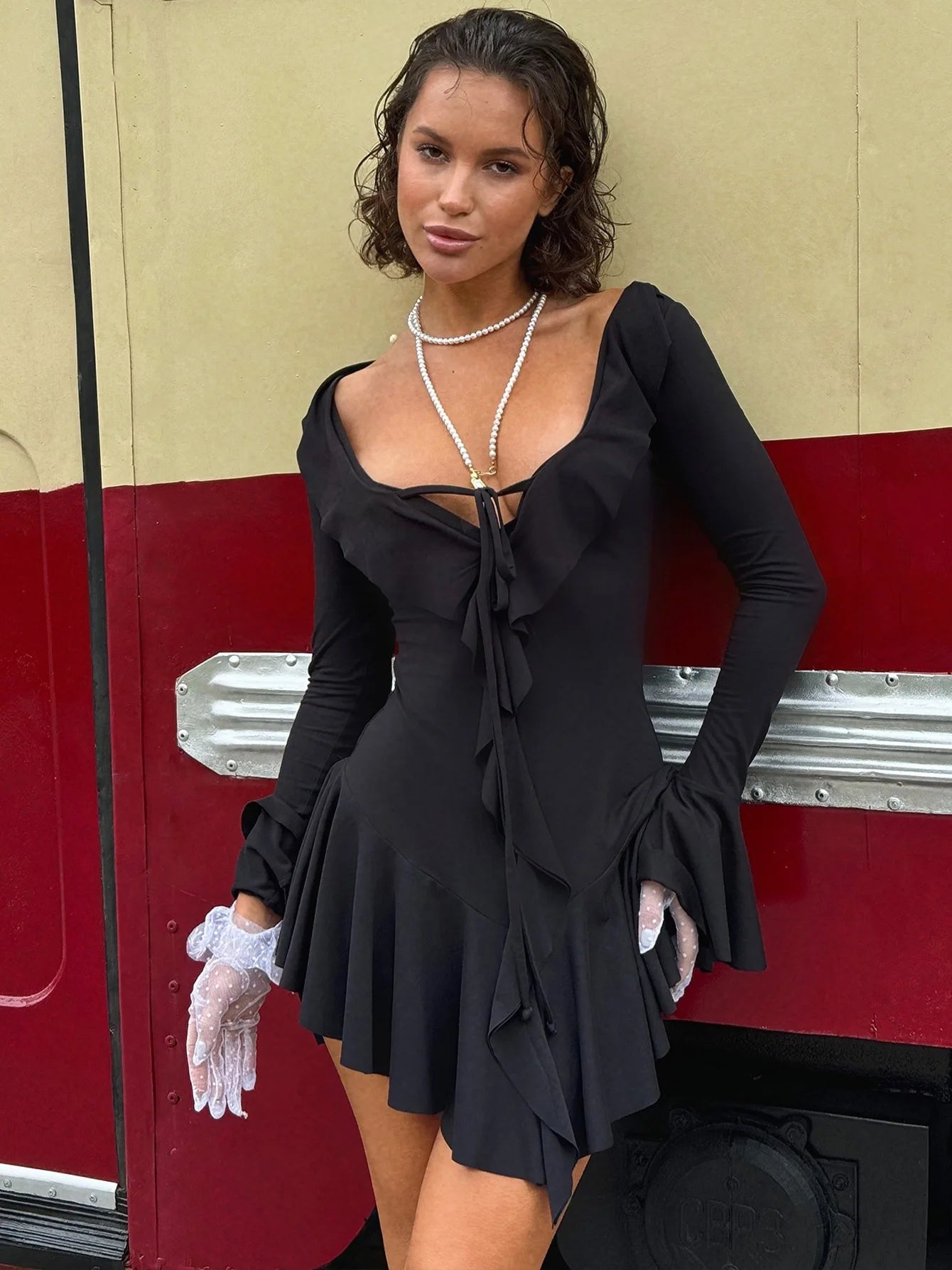Elegant Women's Casual Dress with Deep V Neck and Ruffles