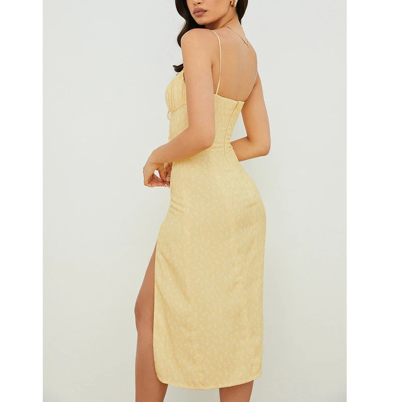 Elegant Floral Summer Suspender Dress with Side Slit