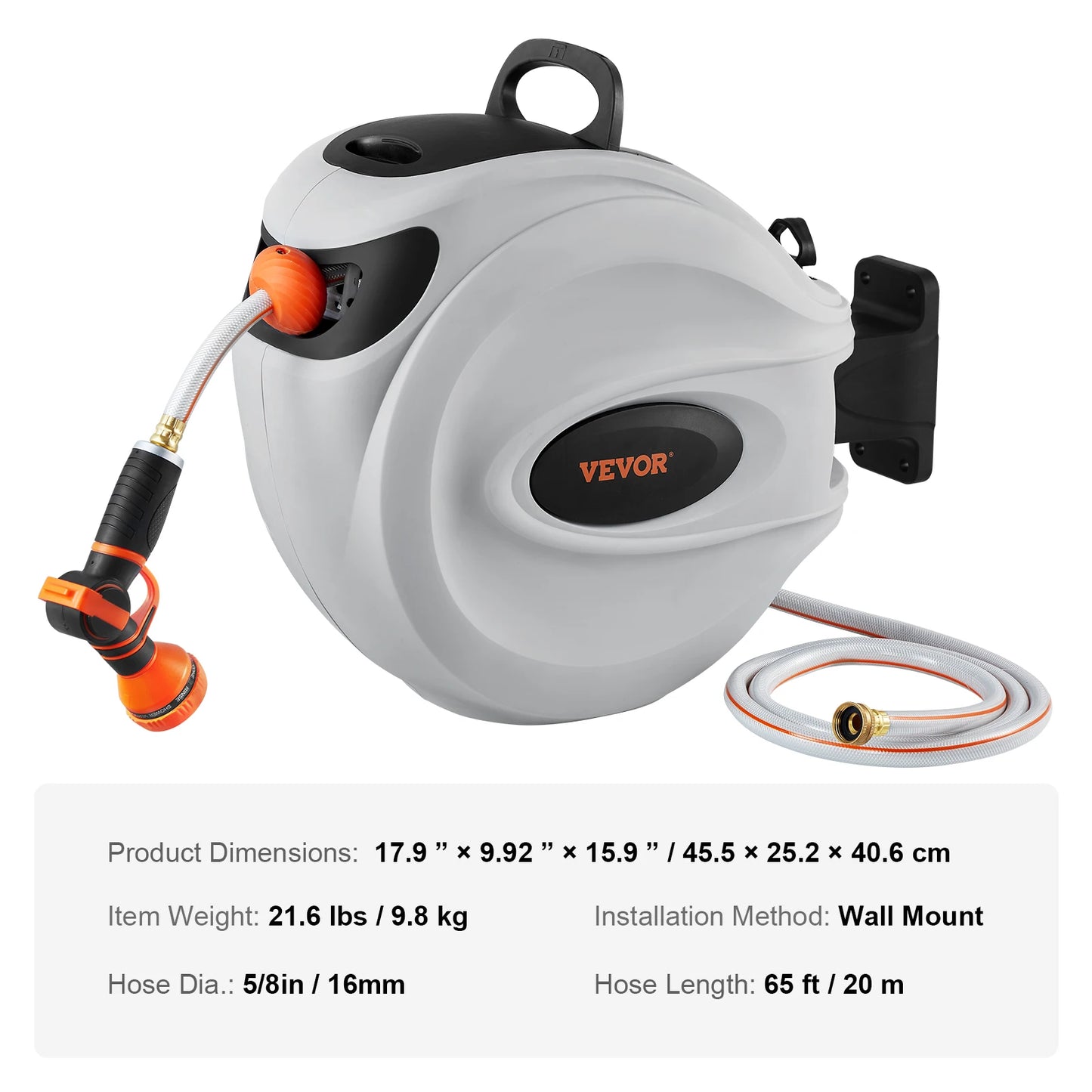 SucceBuy Retractable Hose Reel 180 Degree Swivel Bracket Wall Mounted Garden Water Hose Reel with 9 Pattern Nozzle Automatic Rewind