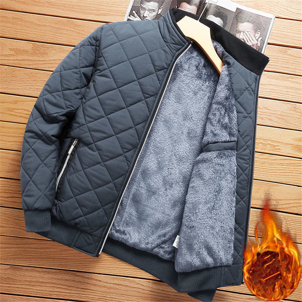 DEE MOONLYCN Diamond Pattern Fleece Lined Bomber Jacket For Men