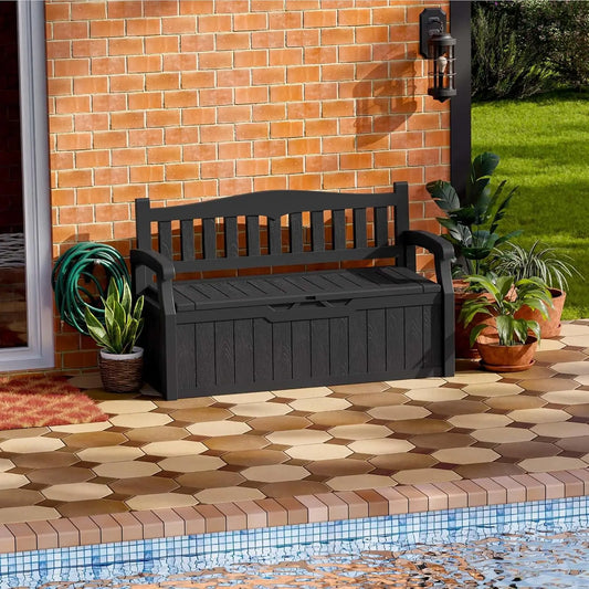 XMSJ 70 Gallon Plastic Storage Bench Water Resistant Deck Box for Patio Furniture Garden Tools Pool Outdoor