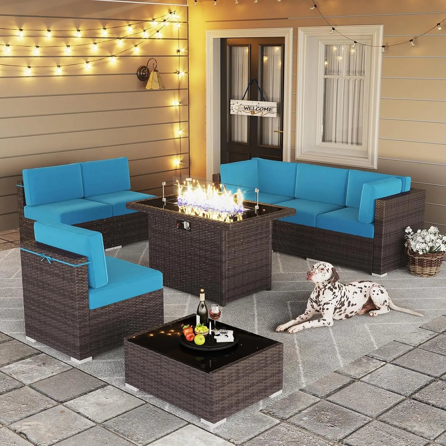 Outdoor Wicker Rattan Conversation Set With Fire Pit Table 15 Piece Patio Furniture Set