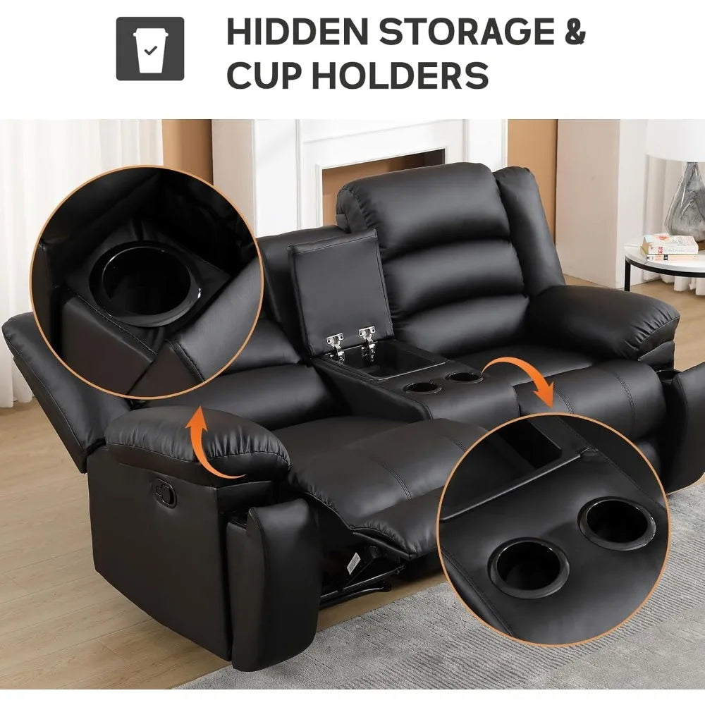 Faux Leather Manual Loveseat Recliner With Hidden Cup Holders