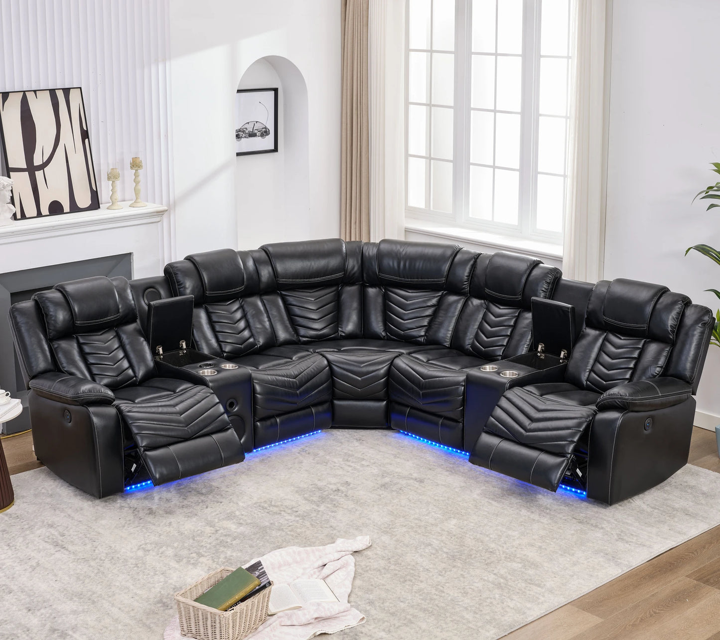 Todrani Power Recliner Sectional Sofa Bass Speakers Led